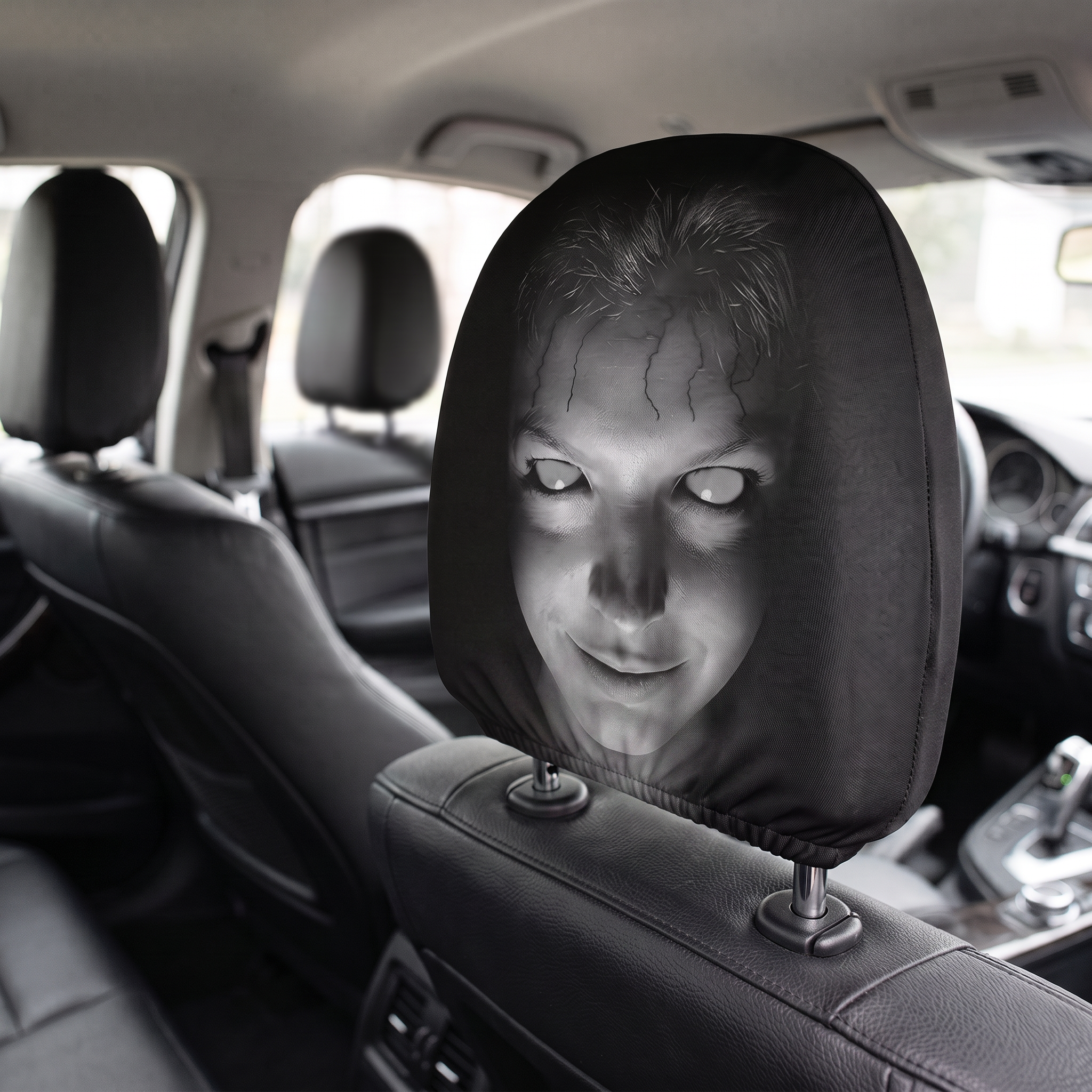 GrimRide creepy headrest cover installed on a car seat headrest