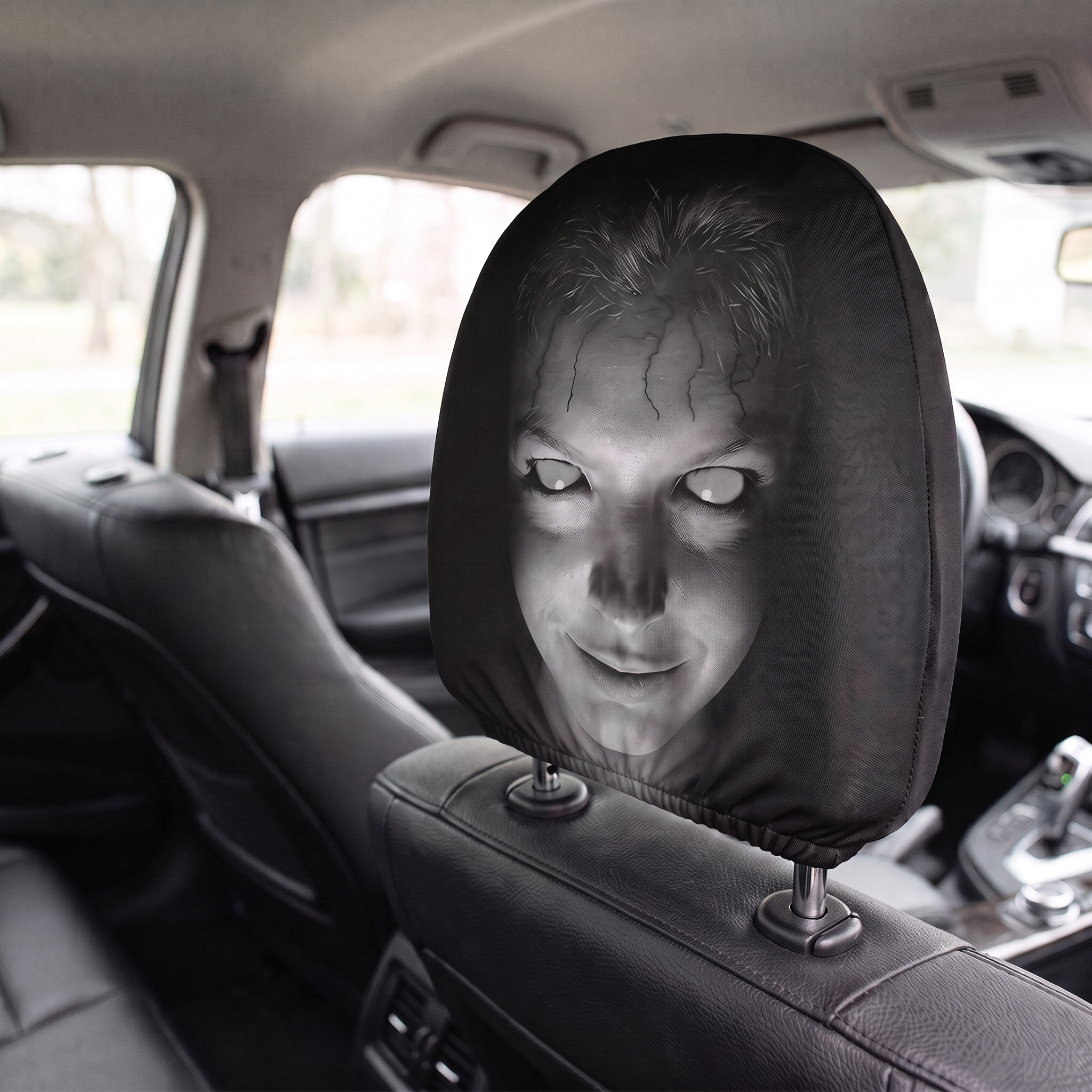 GrimRide creepy headrest cover installed on a car seat headrest